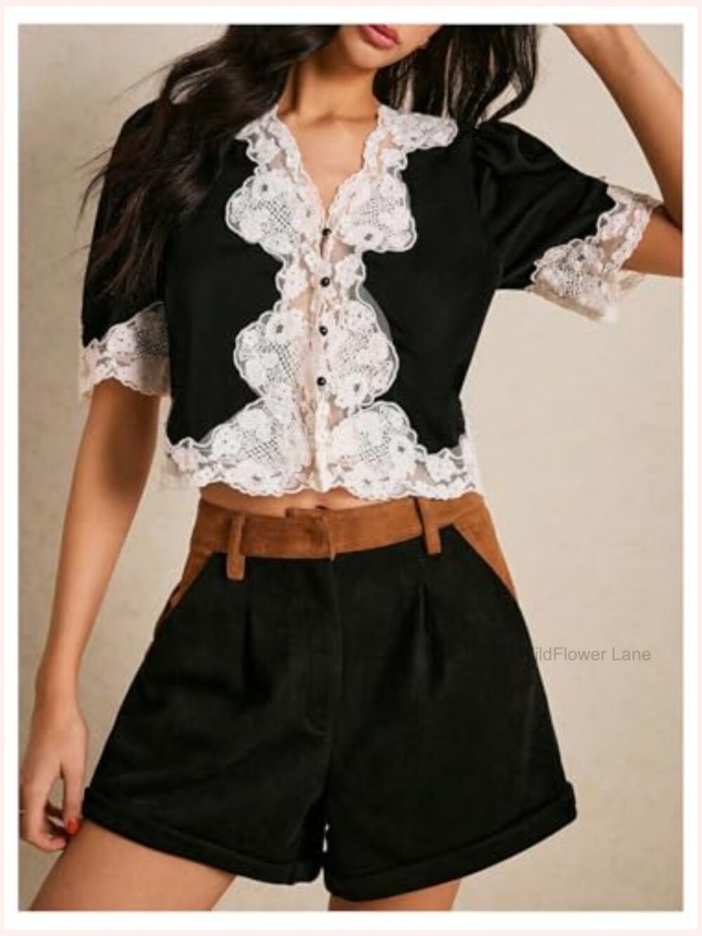 Women's Lace Crop Blouse Short Sleeve V Neck Button Down Elegant Top - Picture 2 of 5